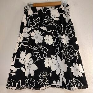Talbot's Petites Black White Floral Print A-Line Knee Length Ruffle Hem Skirt 10